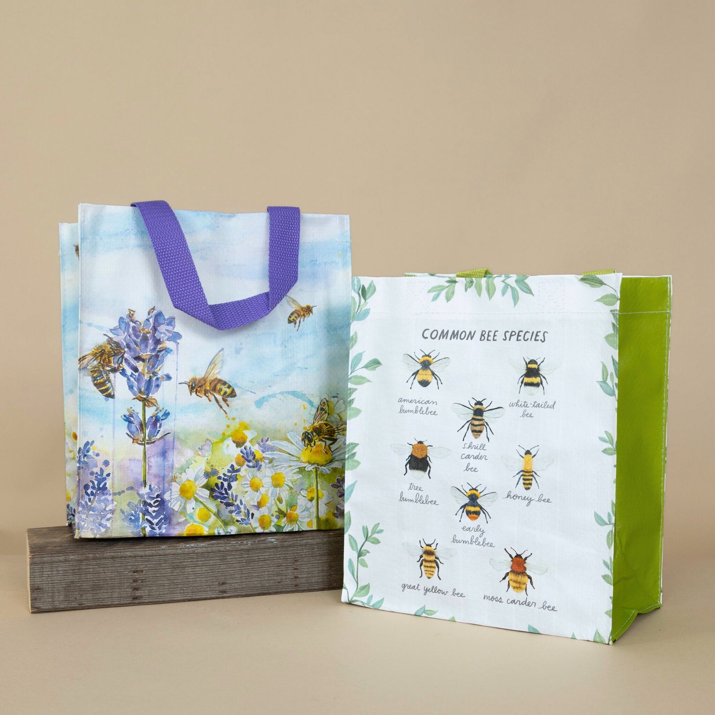 Bee Tote shown alongside lavender, highlighting the bee-themed detail and floral inspiration.