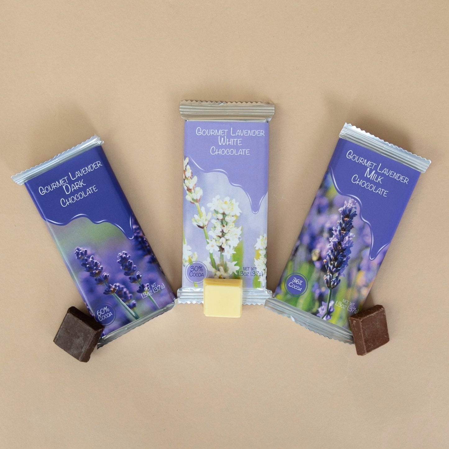 Gourmet Lavender Dark Chocolate featuring all available flavors, displayed in assorted packaging on a clean background.