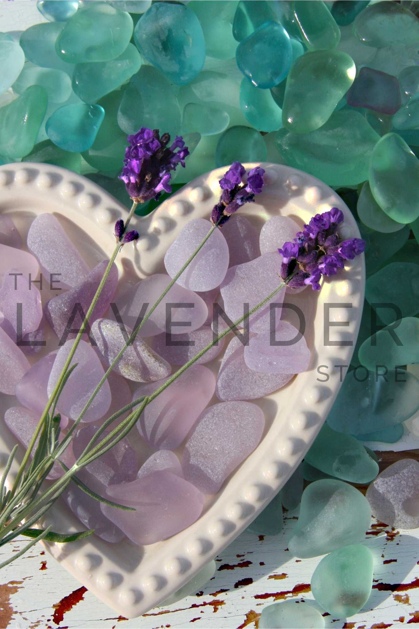 Lavender Beach Glass Heart - Greeting Card with a close-up of the handcrafted lavender and beach glass heart centerpiece