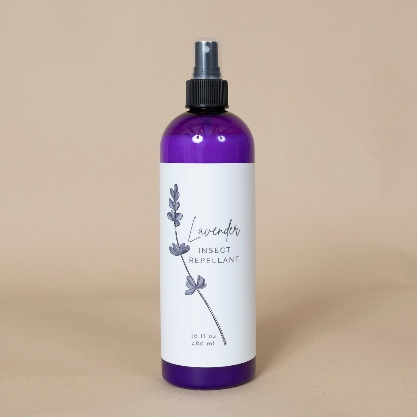 Lavender Insect Repellant product featured on a clean white surface with aromatic lavender blossoms nearby