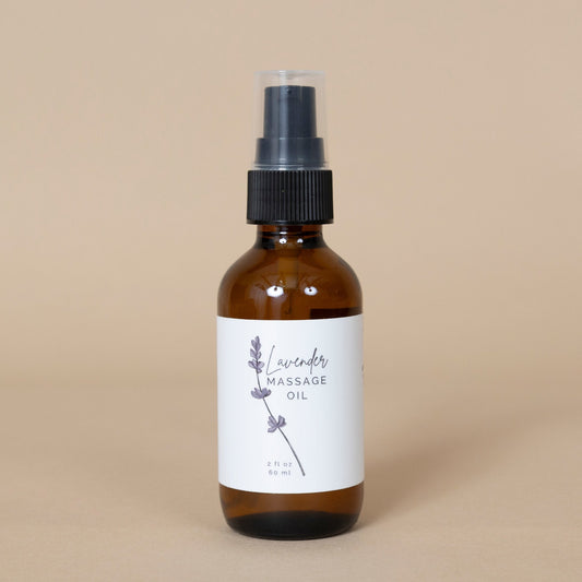 Lavender Massage Oil bottle featuring calming lavender essence for relaxing massages