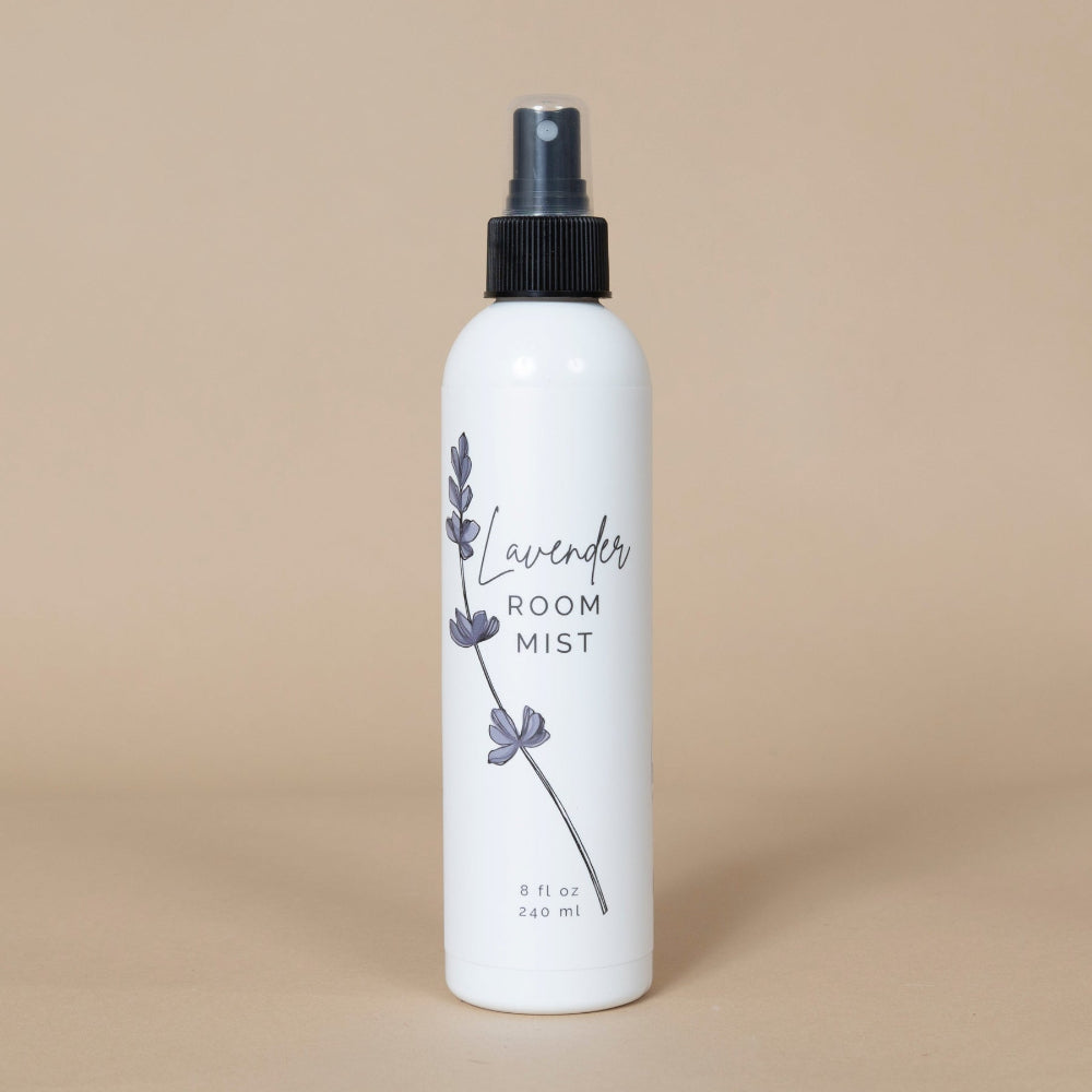 Lavender Room Mist glass spray bottle with calming lavender artwork, ideal for freshening any living space