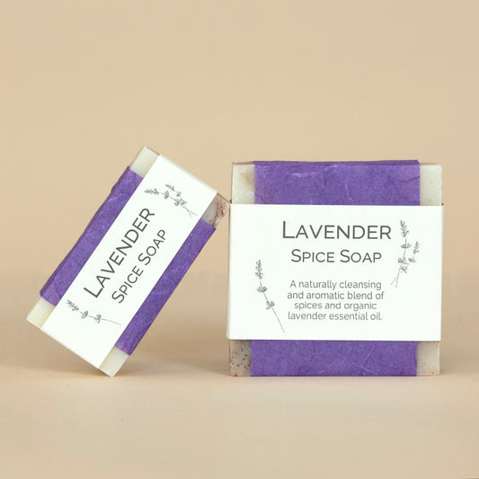 Lavender Spice Soap bar highlighting the aromatic blend of lavender and spice in a natural setting