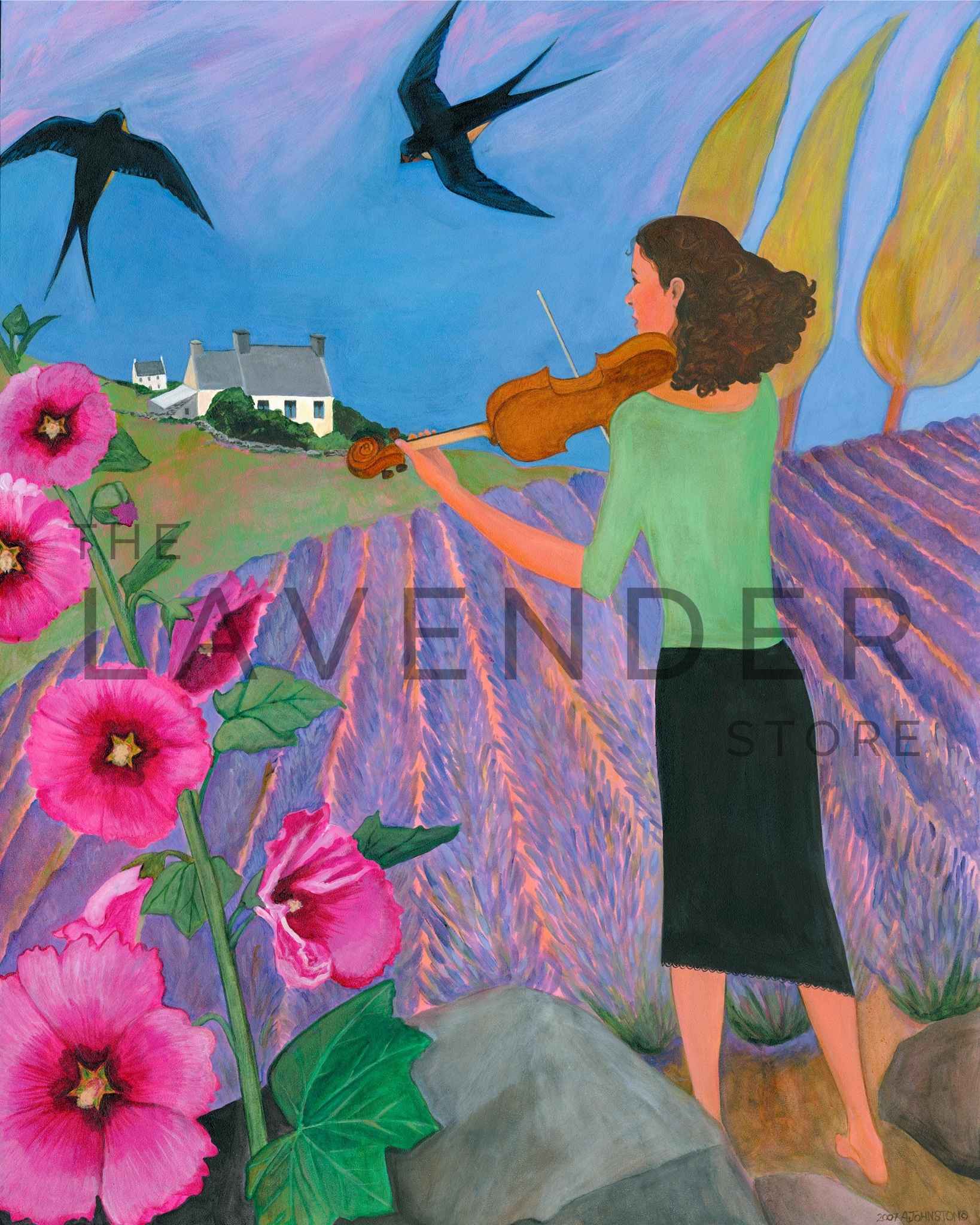 Fiddle Over The Lavender Field - Print presented on a greeting card with a scenic view of purple lavender fields