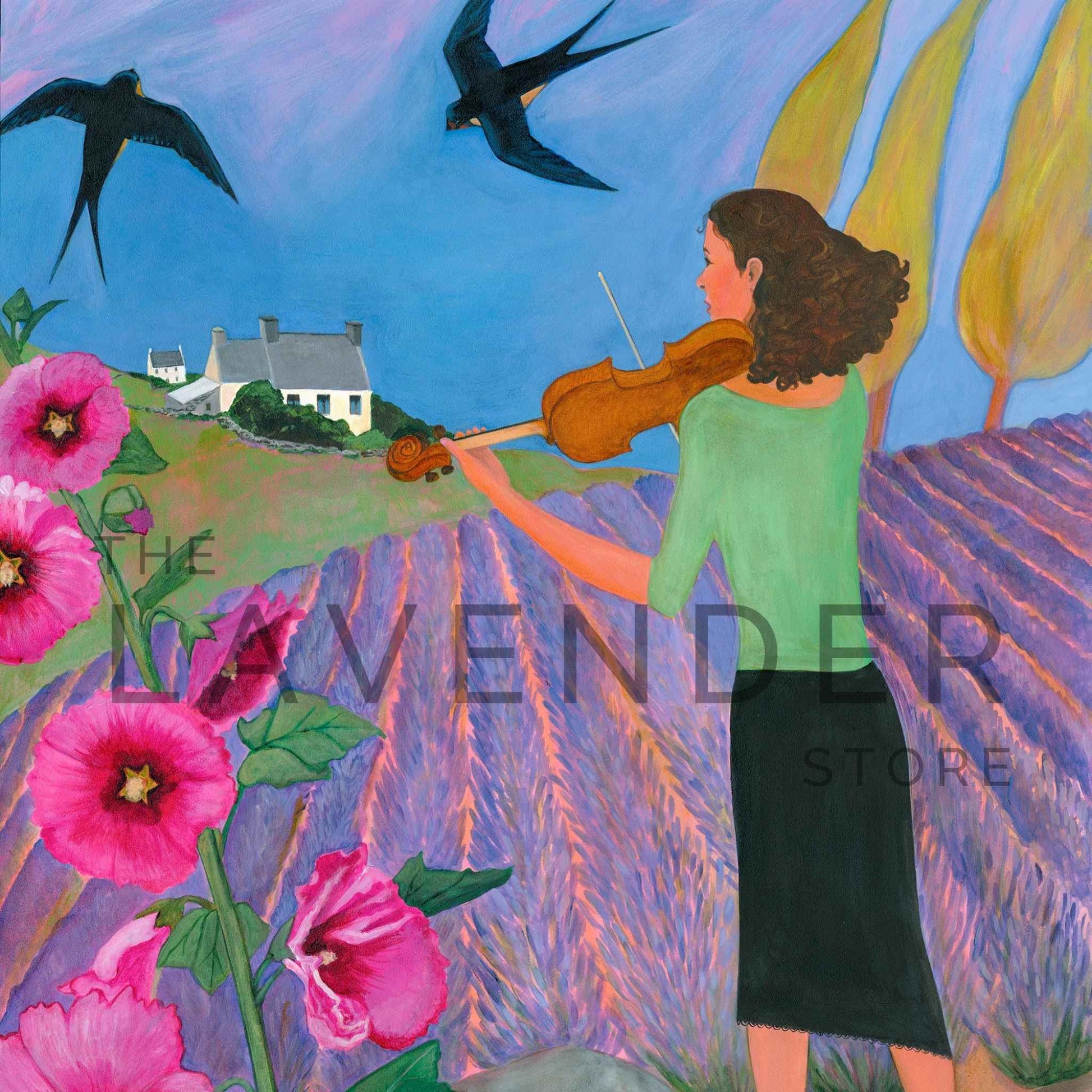 Fiddle Over The Lavender Field - Print displayed as a charming greeting card amid vibrant lavender blossoms
