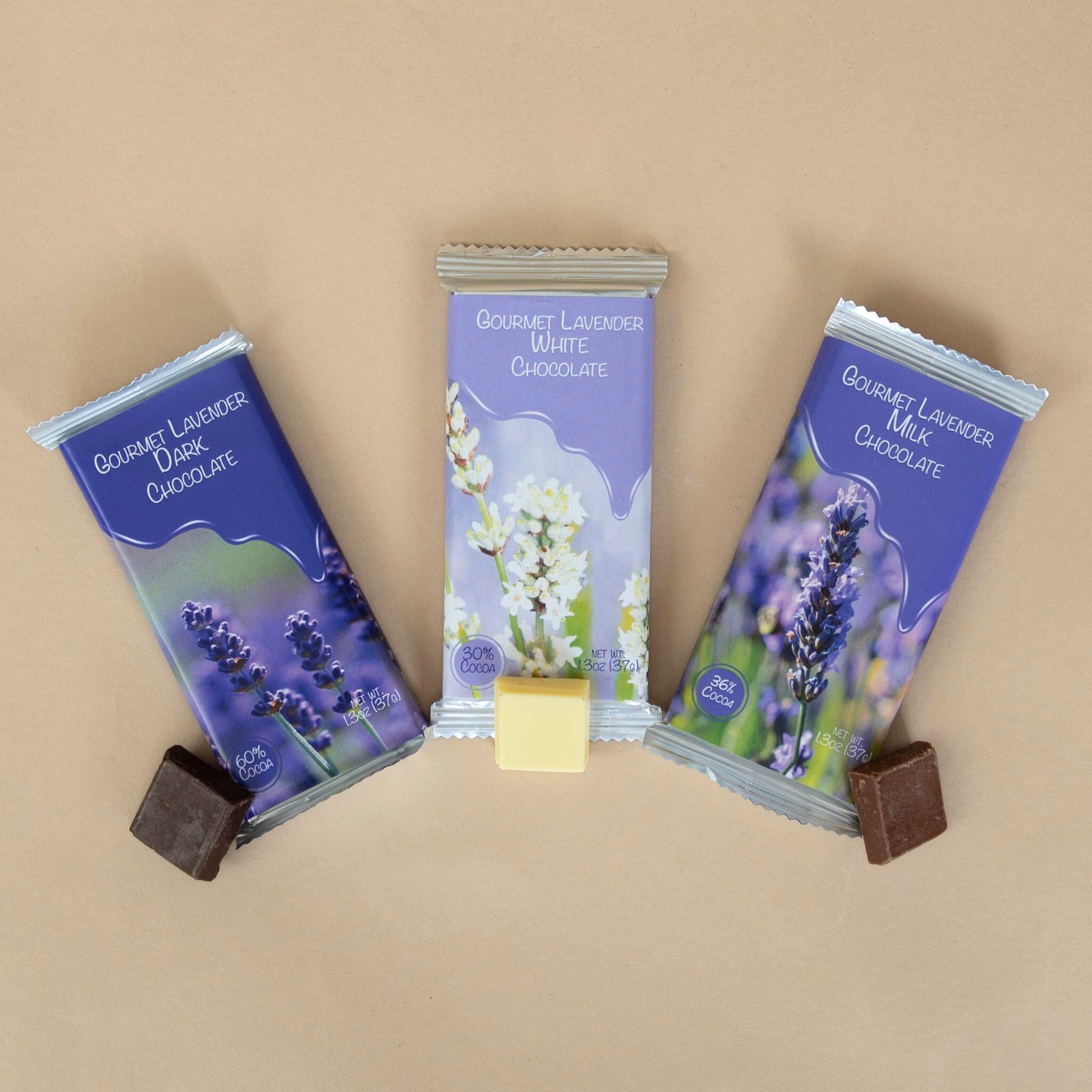 Gourmet Lavender Dark Chocolate featuring all available flavors, displayed in assorted packaging on a clean background.