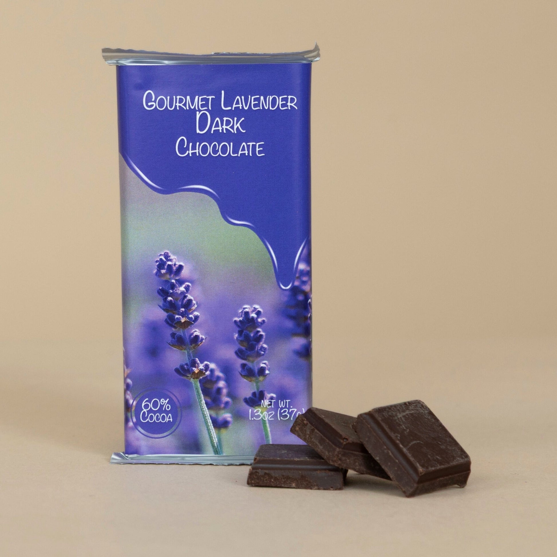 Gourmet Lavender Dark Chocolate pieces in close-up, showcasing the smooth texture and subtle lavender garnish.