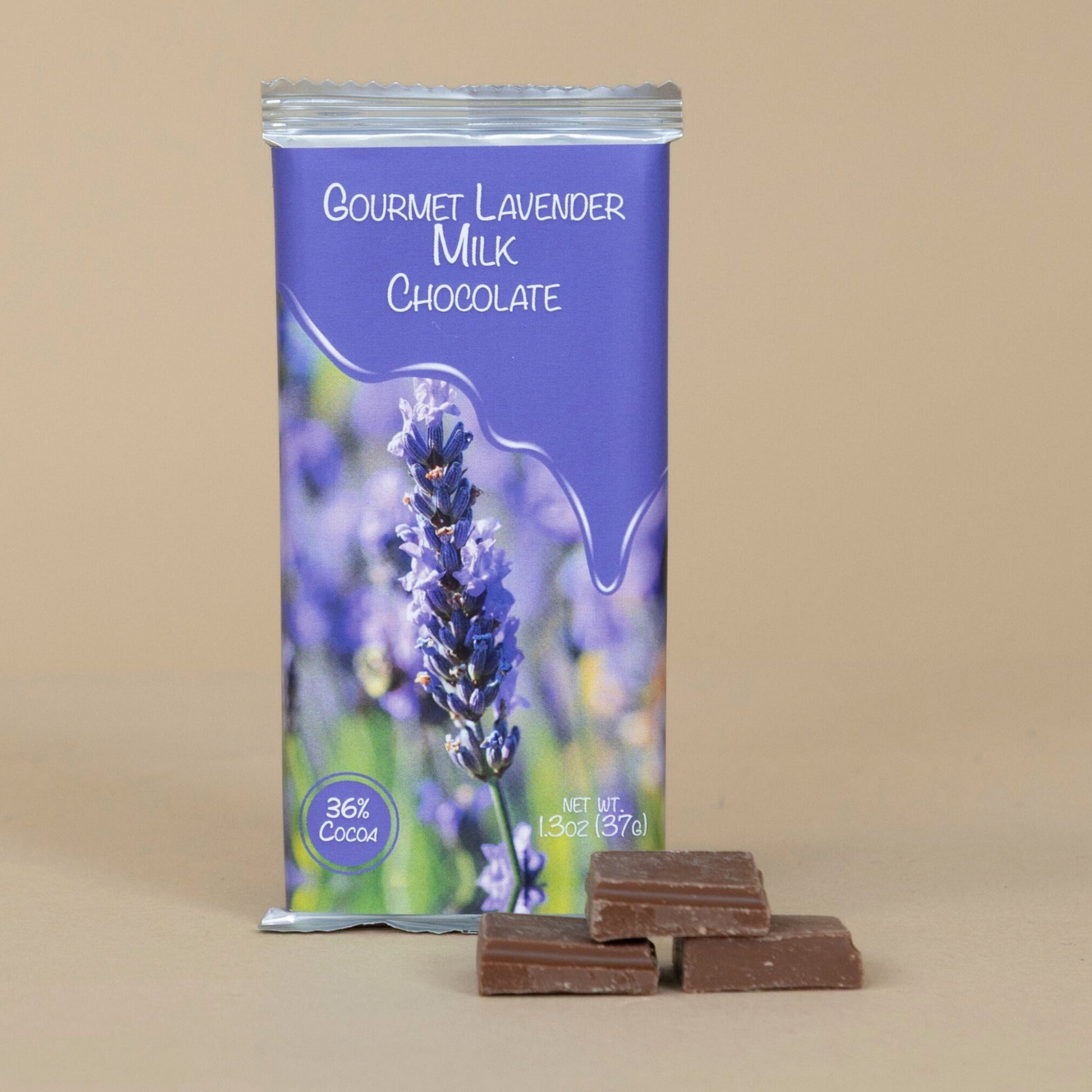 Gourmet Lavender Milk Chocolate arranged in elegant packaging, highlighting its premium quality and floral infusion.