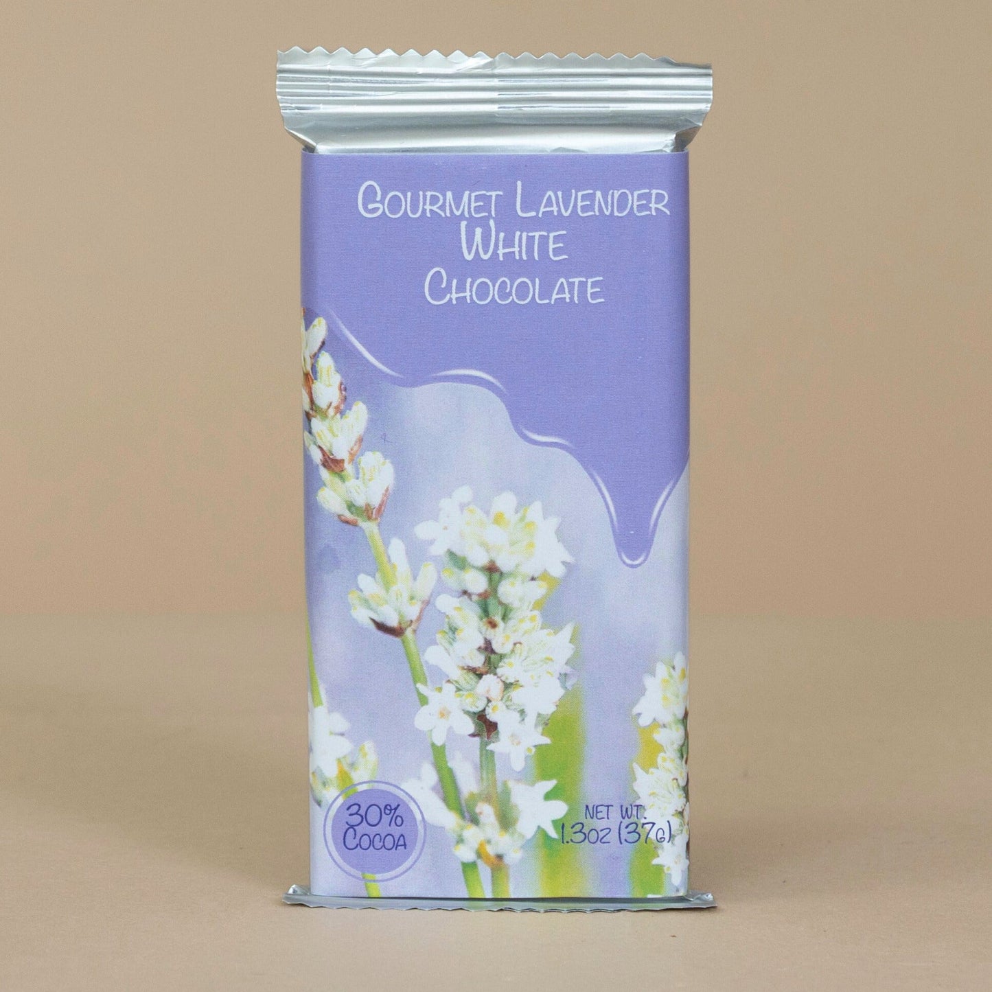 Gourmet Lavender White Chocolate elegantly displayed in a decorative wrapper highlighting its creamy texture