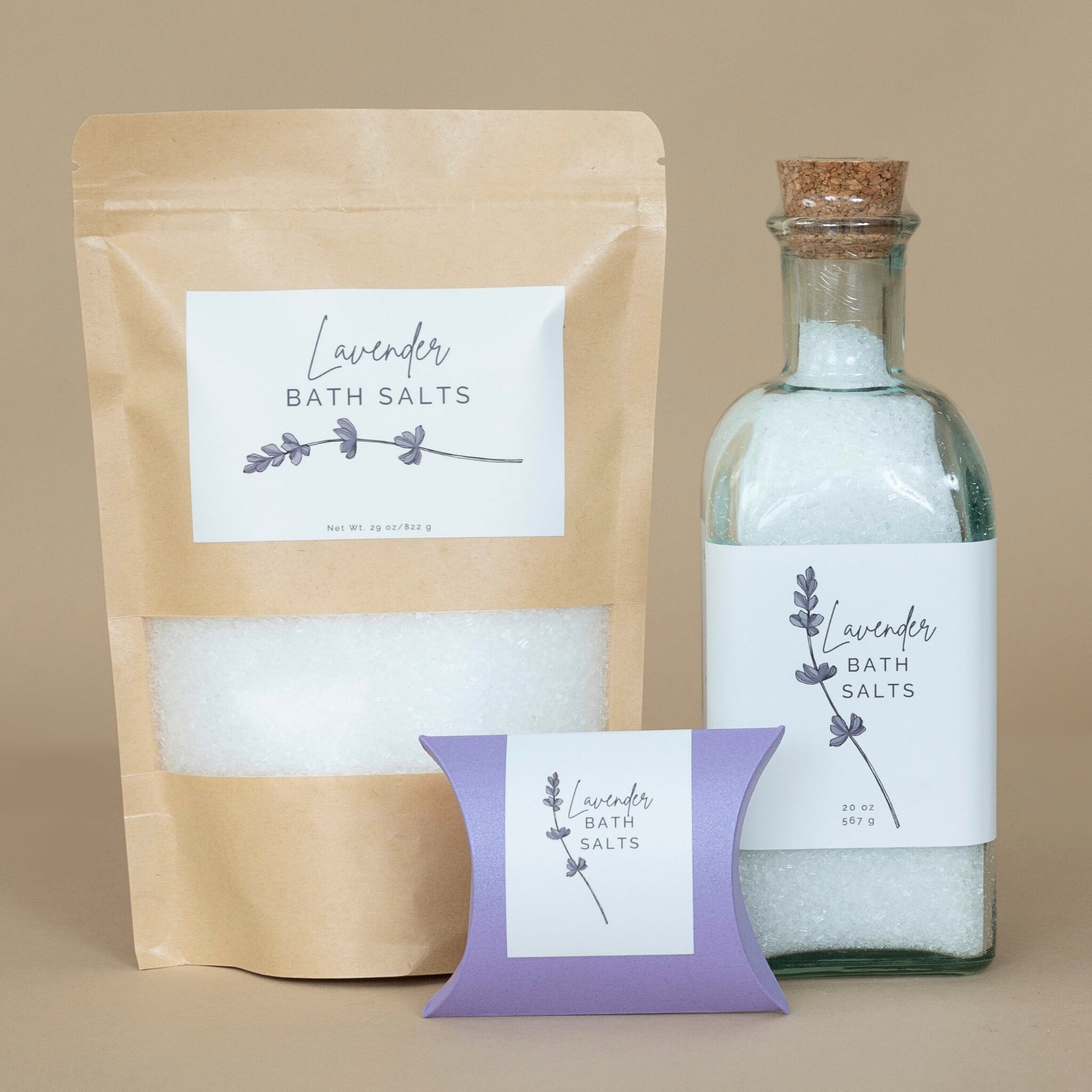 Lavender Bath Salts displayed in multiple sizes, showcasing packaging options for a relaxing spa experience.