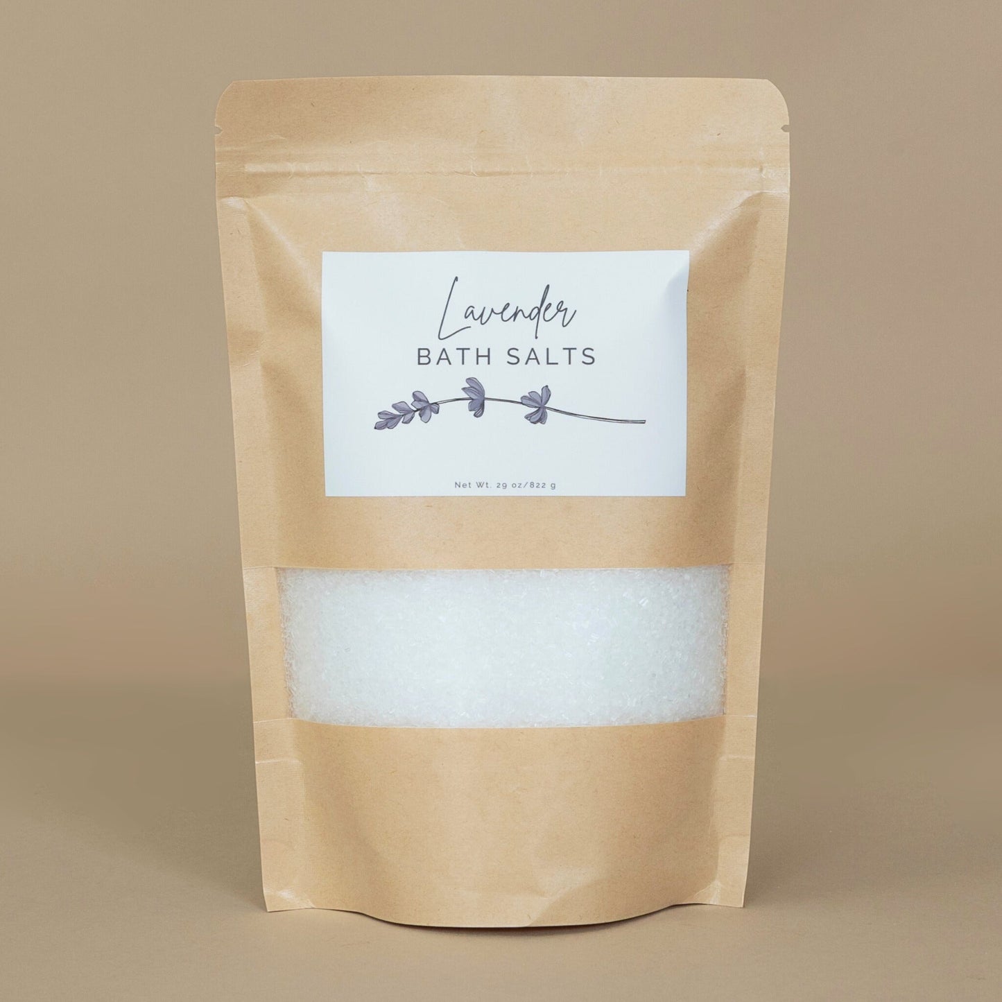 Lavender Bath Salts neatly arranged on a marble background, emphasizing the natural and calming ingredients.