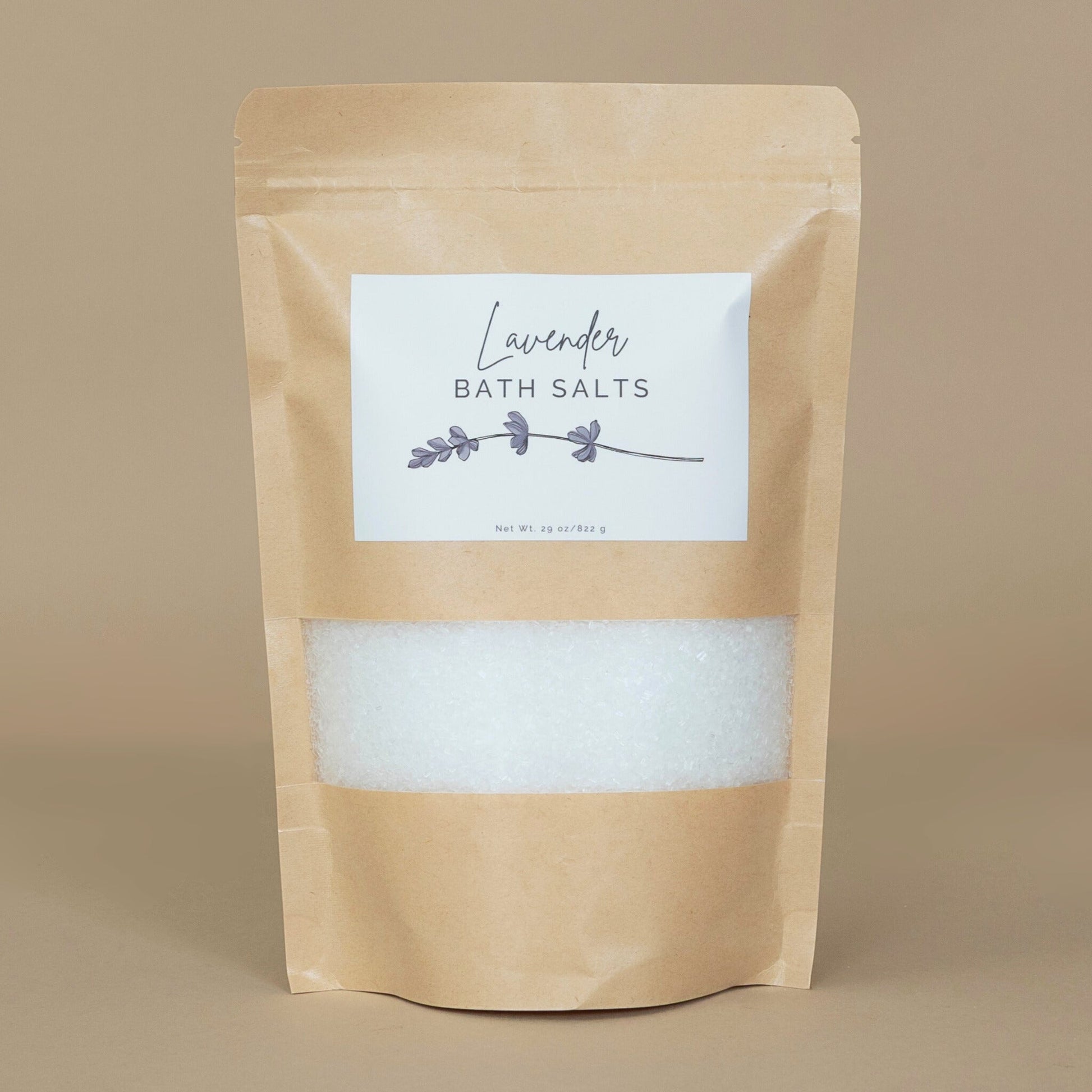 Lavender Bath Salts neatly arranged on a marble background, emphasizing the natural and calming ingredients.