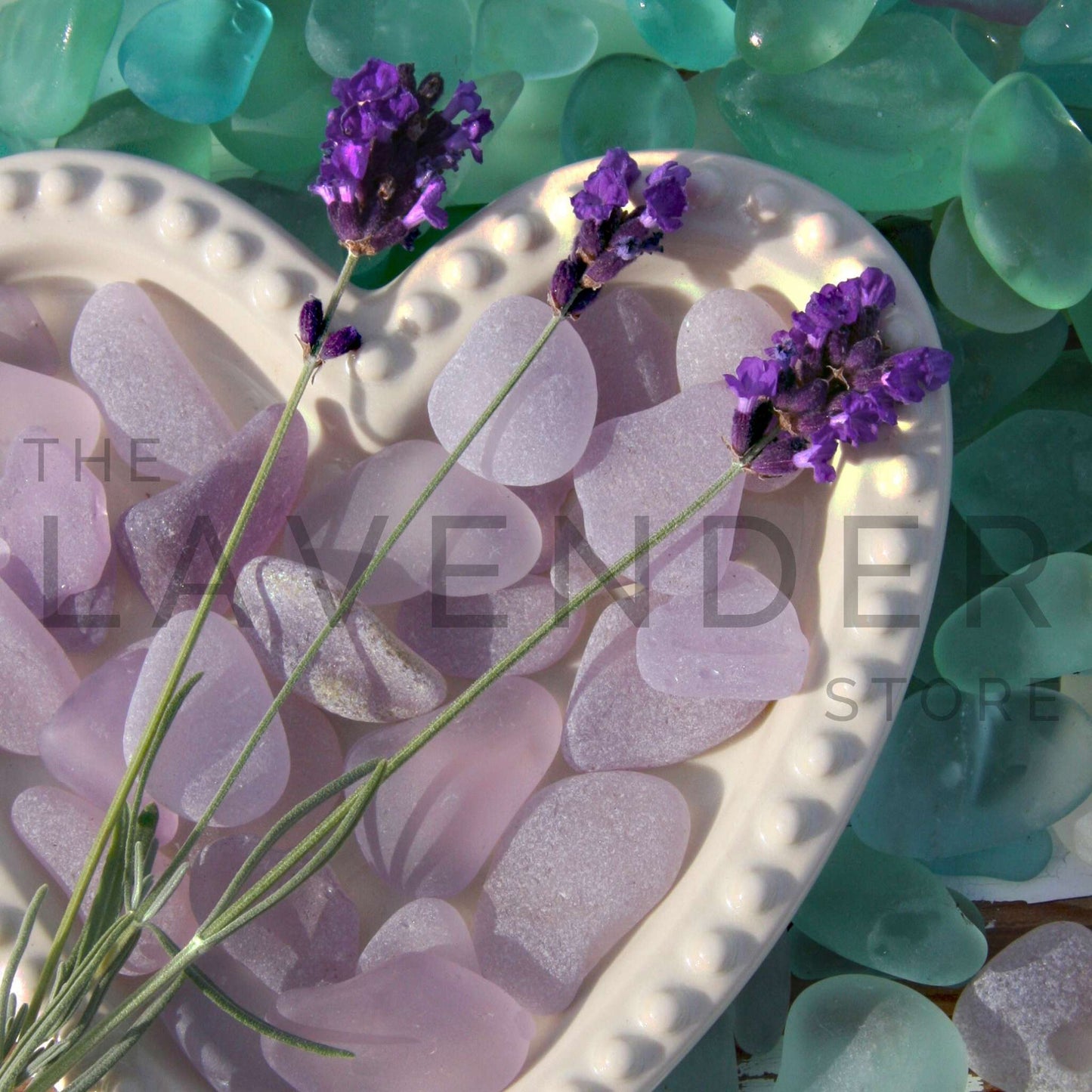 Lavender Beach Glass Heart - Greeting Card featuring a delicate heart design made from lavender and beach glass elements