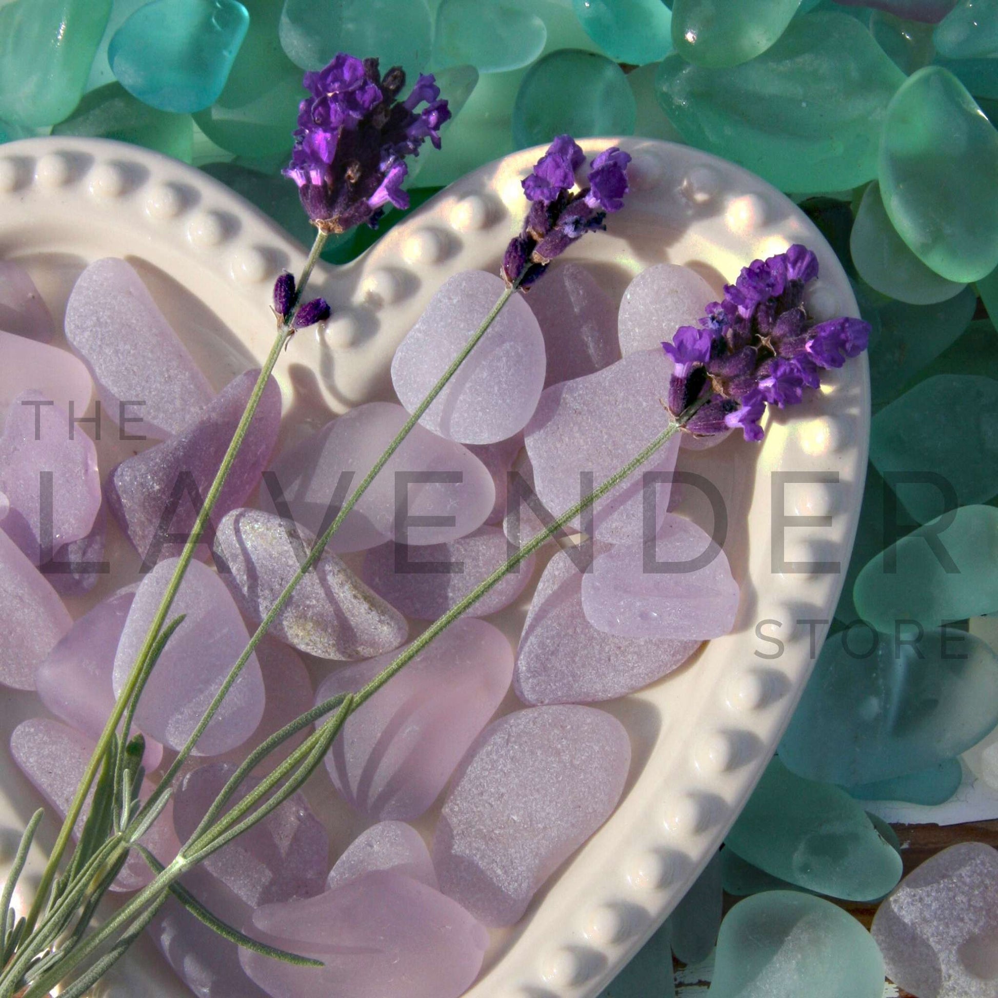 Lavender Beach Glass Heart - Greeting Card featuring a delicate heart design made from lavender and beach glass elements