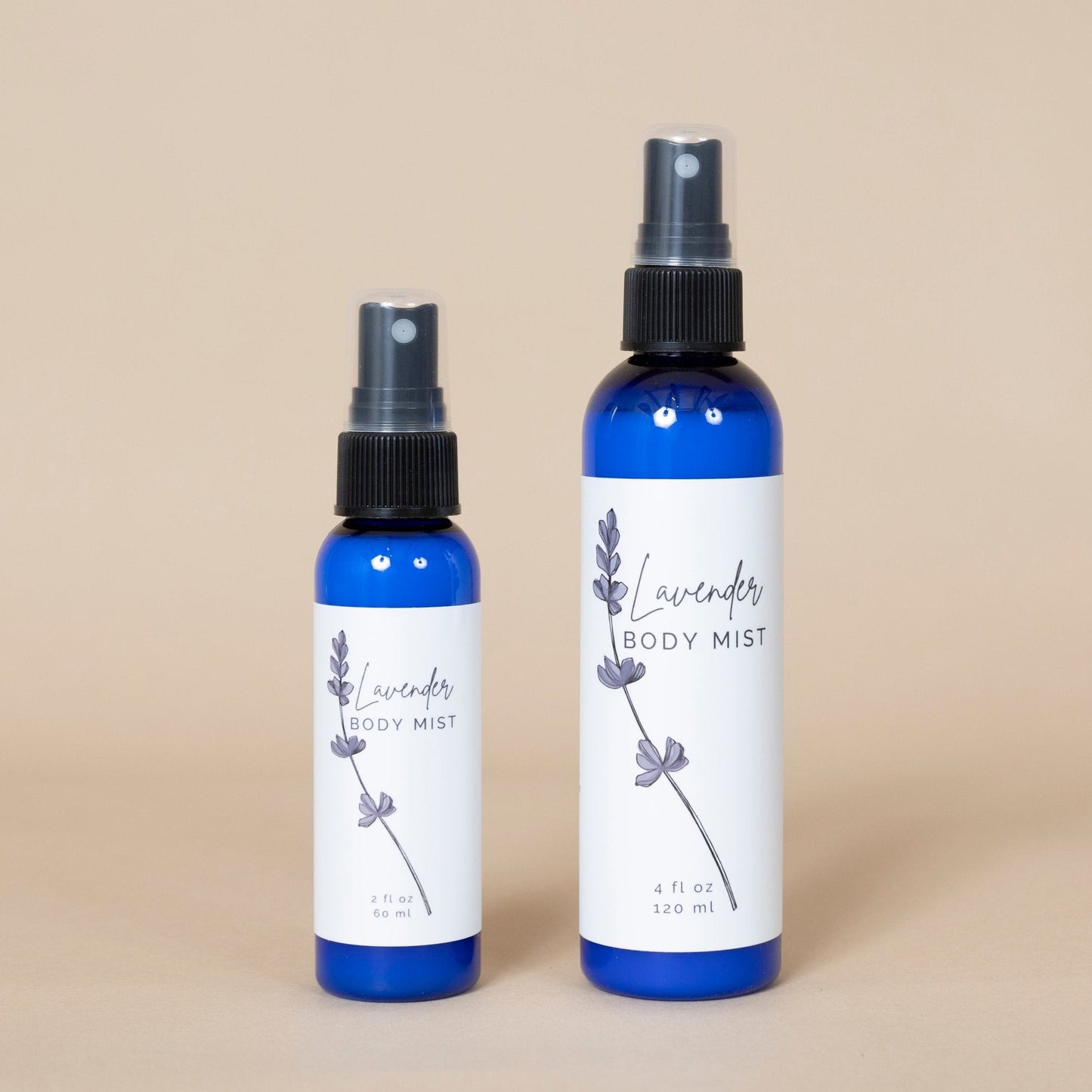 Lavender Body Mist bottle displayed with fresh lavender sprigs for a soothing aromatherapy experience