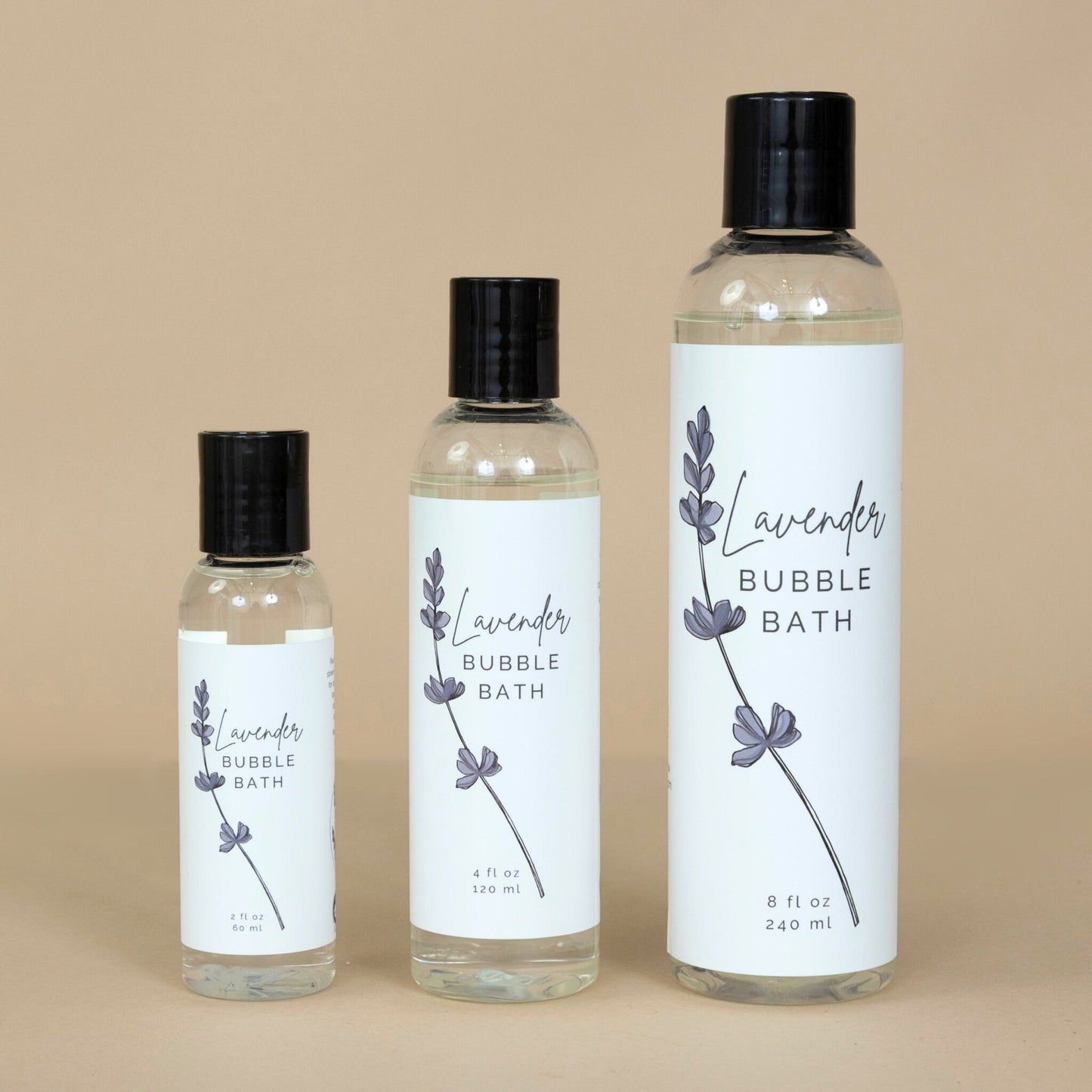 Lavender Bubble Bath displayed in all available sizes, showcasing elegant packaging and calming lavender tones