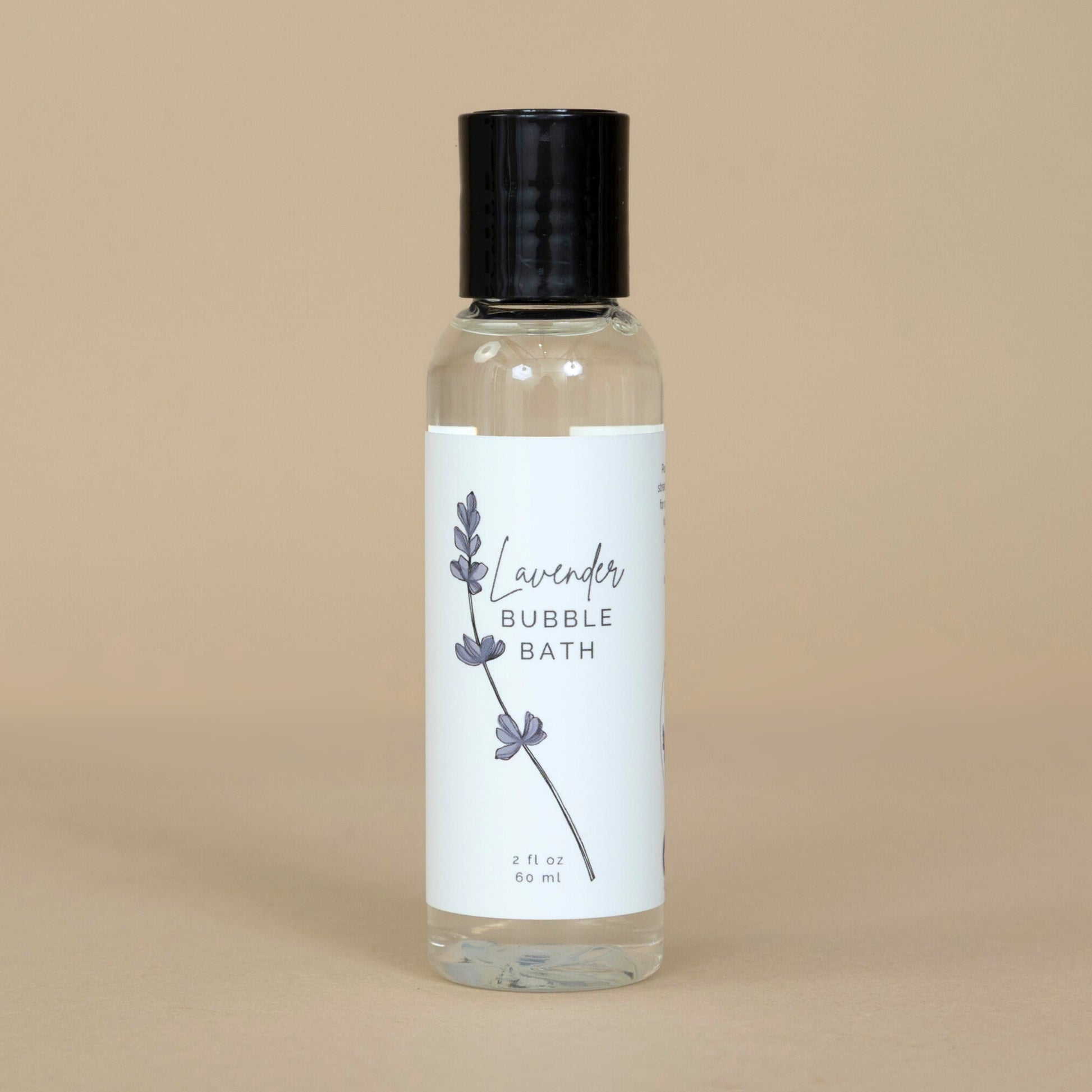 Lavender Bubble Bath in a clear bottle with purple accents, highlighting the soothing bath product