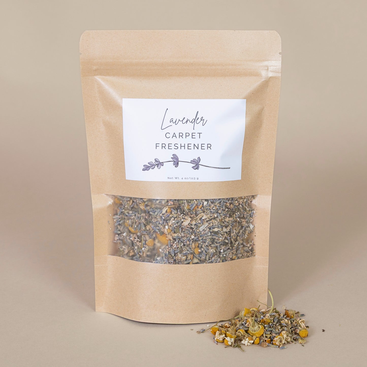 Kraft paper bag of lavender carpet freshener with a label on a beige background