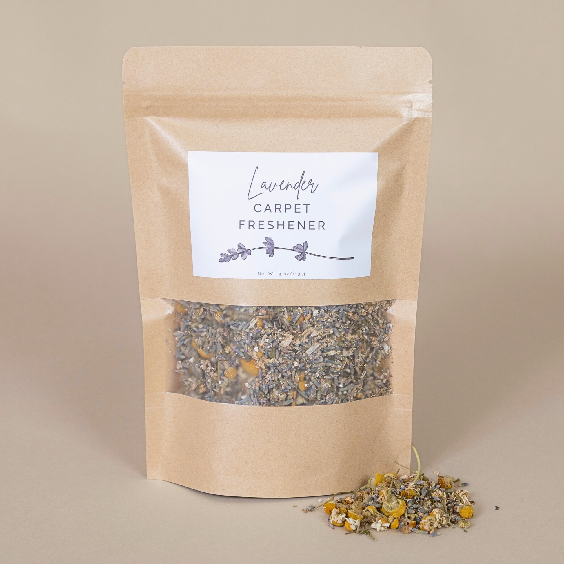 Kraft paper bag of lavender carpet freshener with a label on a beige background
