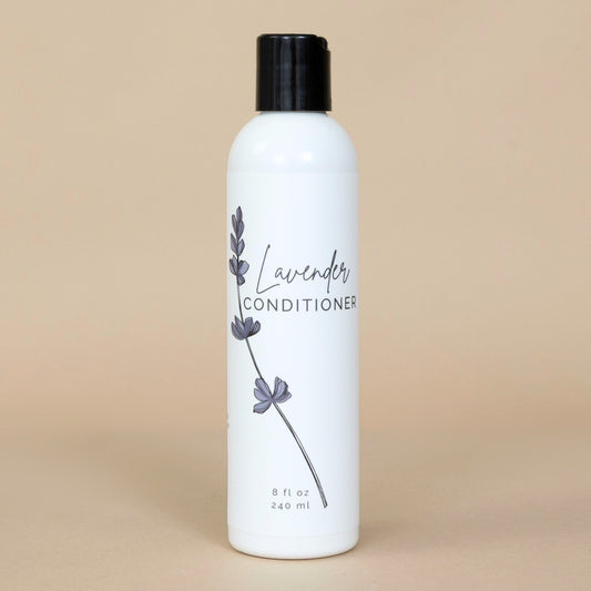 Lavender Conditioner bottle displayed with calming lavender accents, showcasing the soothing hair care product.