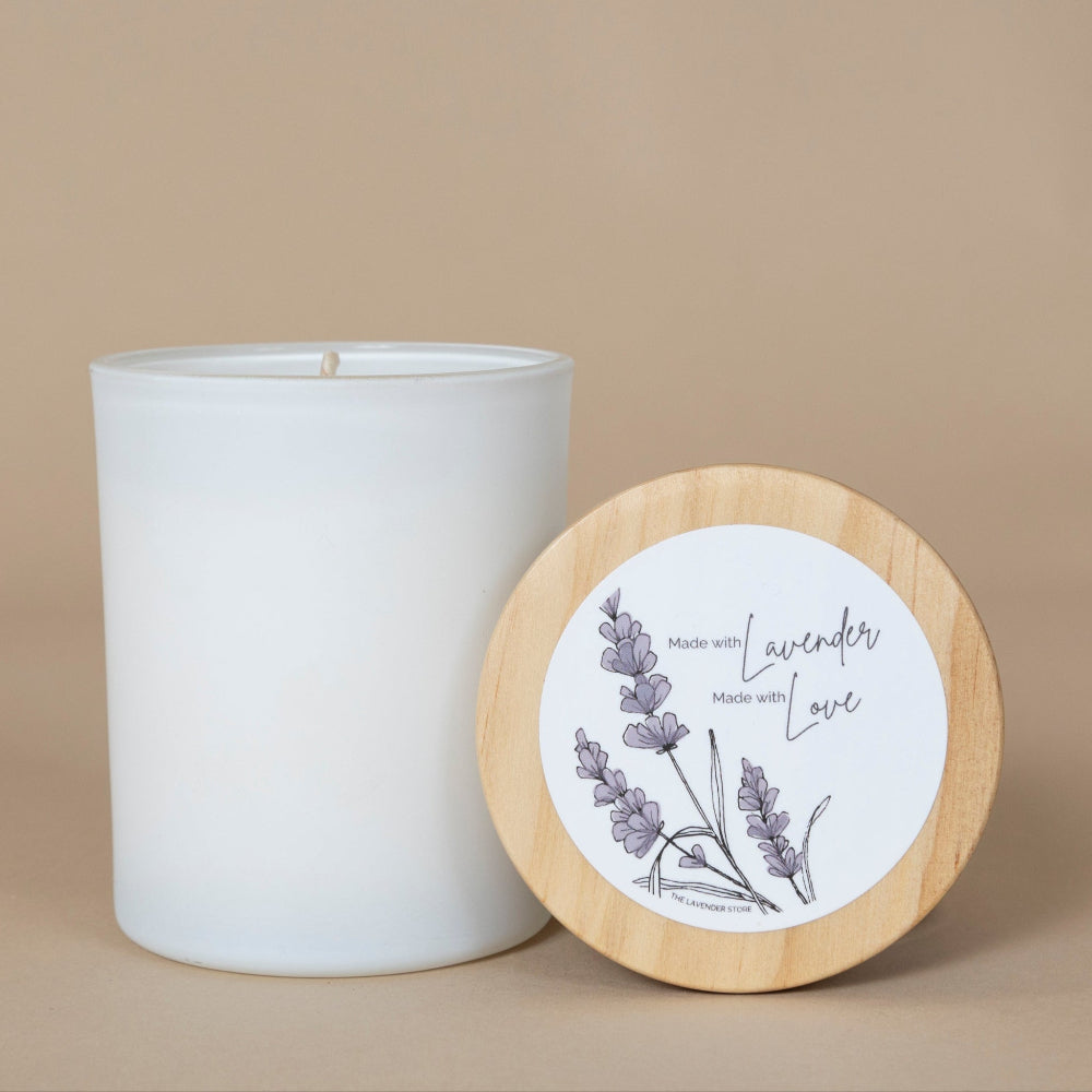 Lavender Essential Oil Candle - small displayed as a soothing aromatherapy candle in a minimalist glass jar