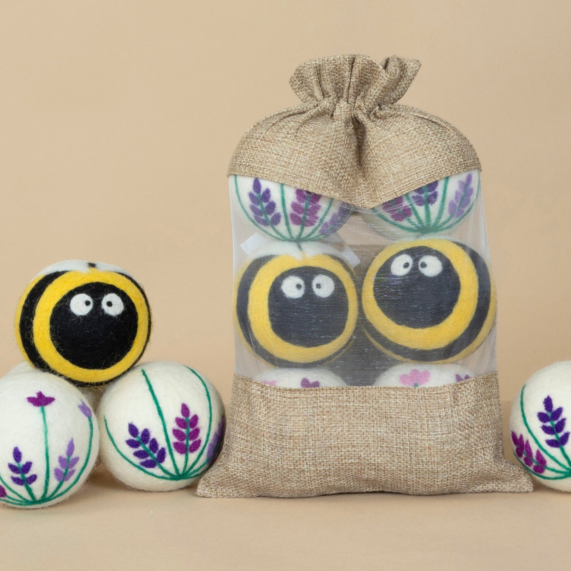 Lavender Field Wool Dryer Ball Set highlighting all-natural dryer balls on a clean background
