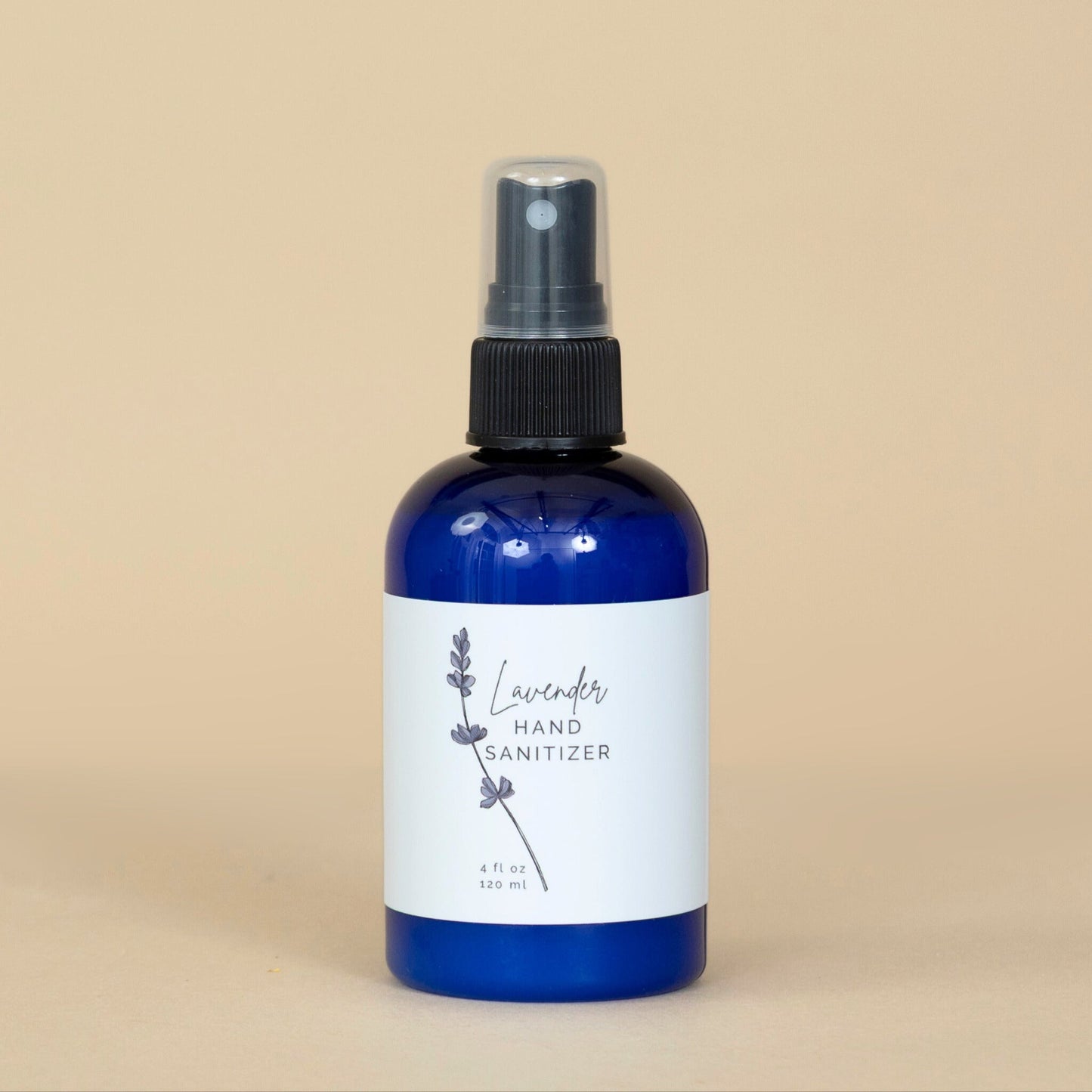 Lavender Hand Sanitizer bottle placed on a bathroom counter, ready for convenient daily use.