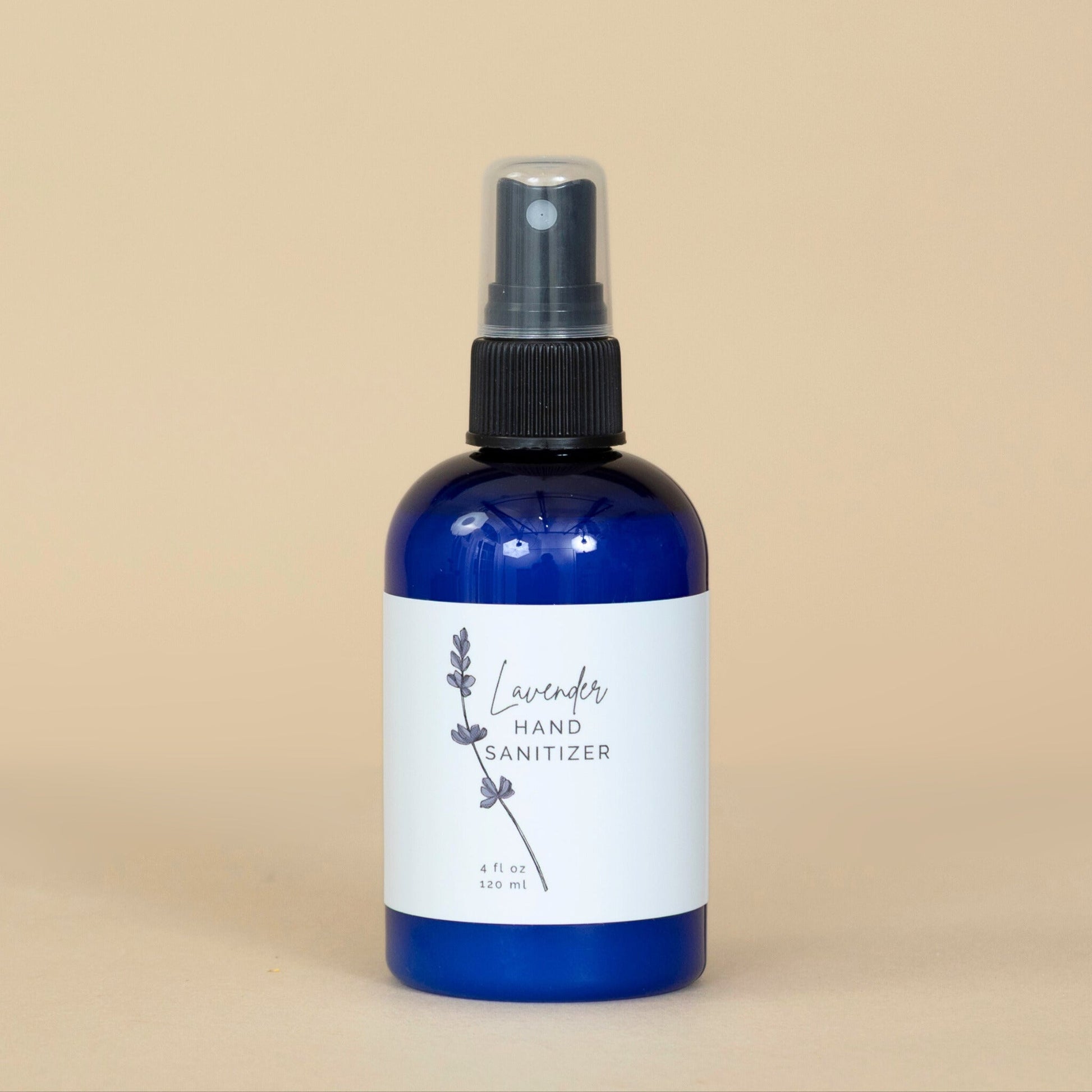 Lavender Hand Sanitizer bottle placed on a bathroom counter, ready for convenient daily use.