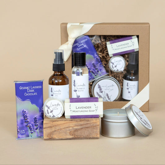 Lavender Heart's Desire Collection displayed as an elegant personal care gift set with lavender-themed packaging