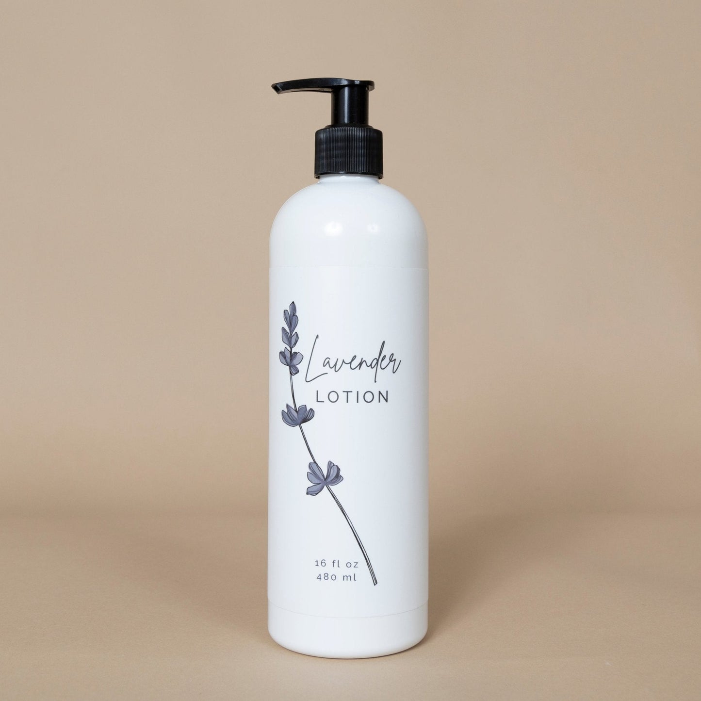 Lavender Lotion for all skin types with calming lavender flowers beside the bottle