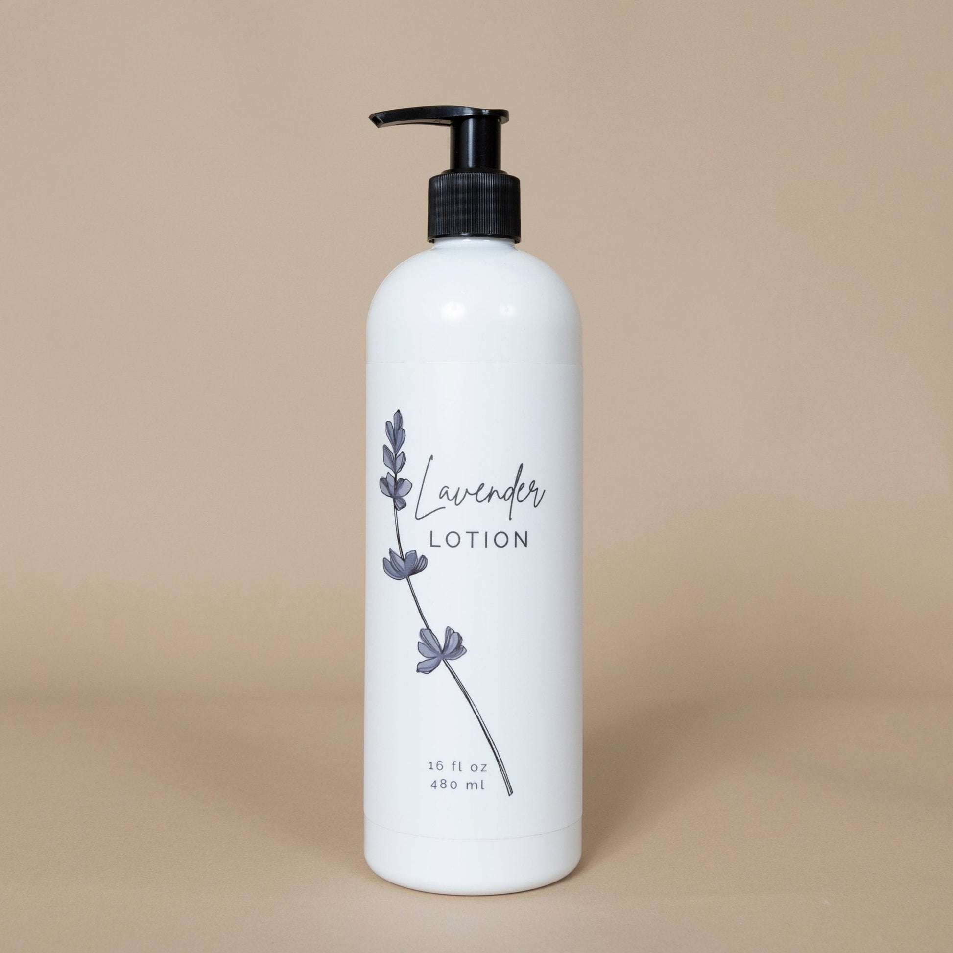 Lavender Lotion for all skin types with calming lavender flowers beside the bottle