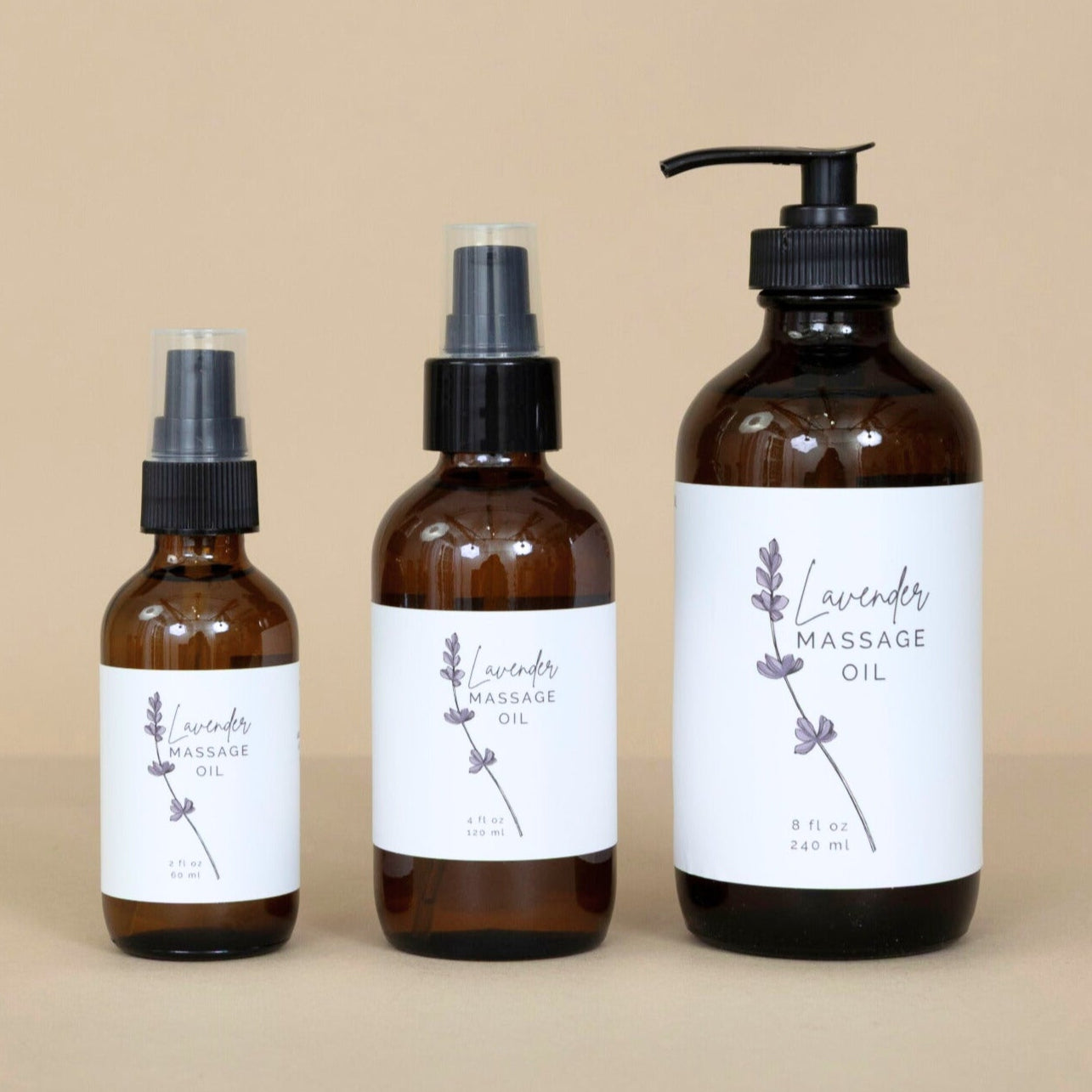 Lavender Massage Oil displayed in multiple sizes for various needs and preferences