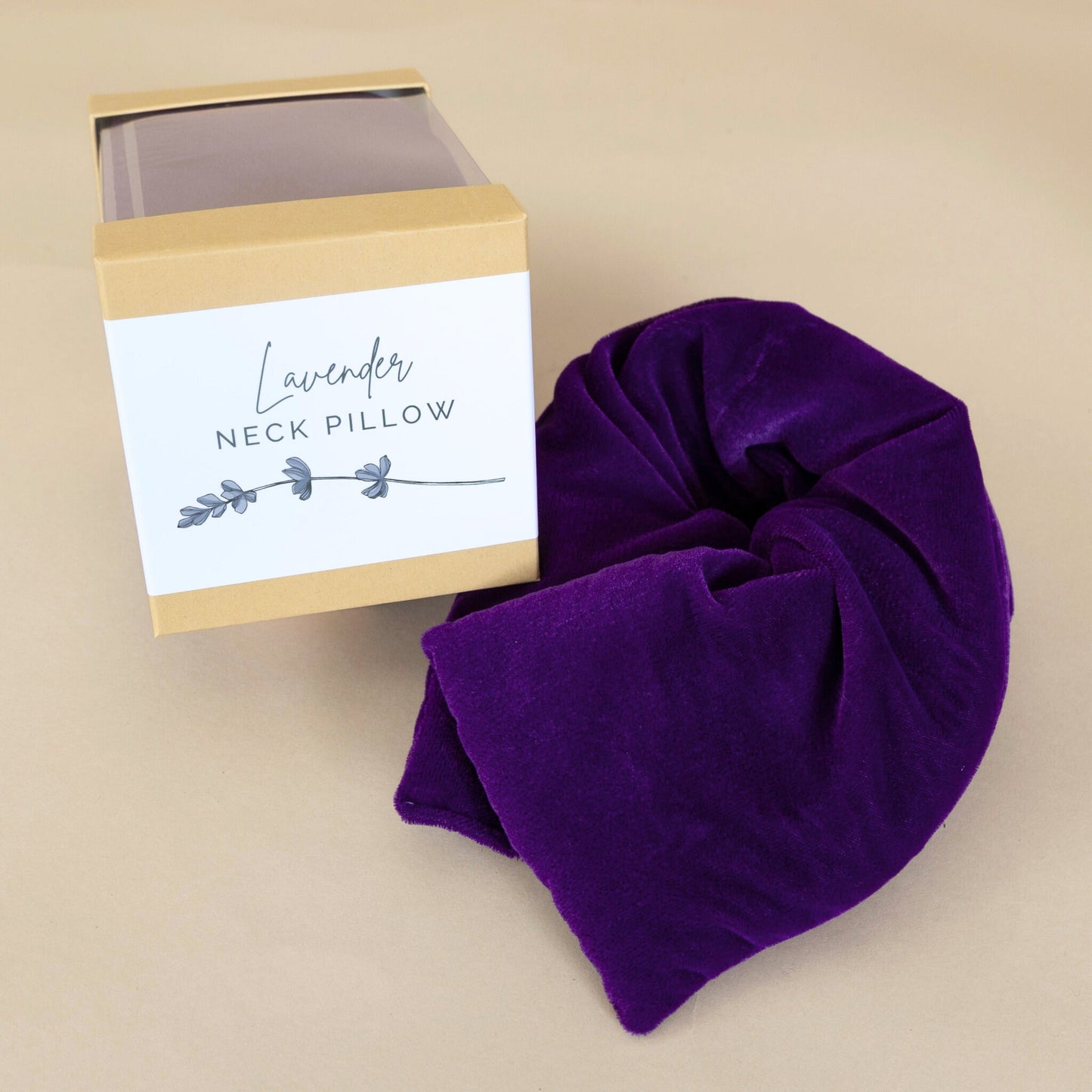 Lavender Neck Pillow presented in an eco-friendly kraft gift box, showcasing the product's natural packaging.