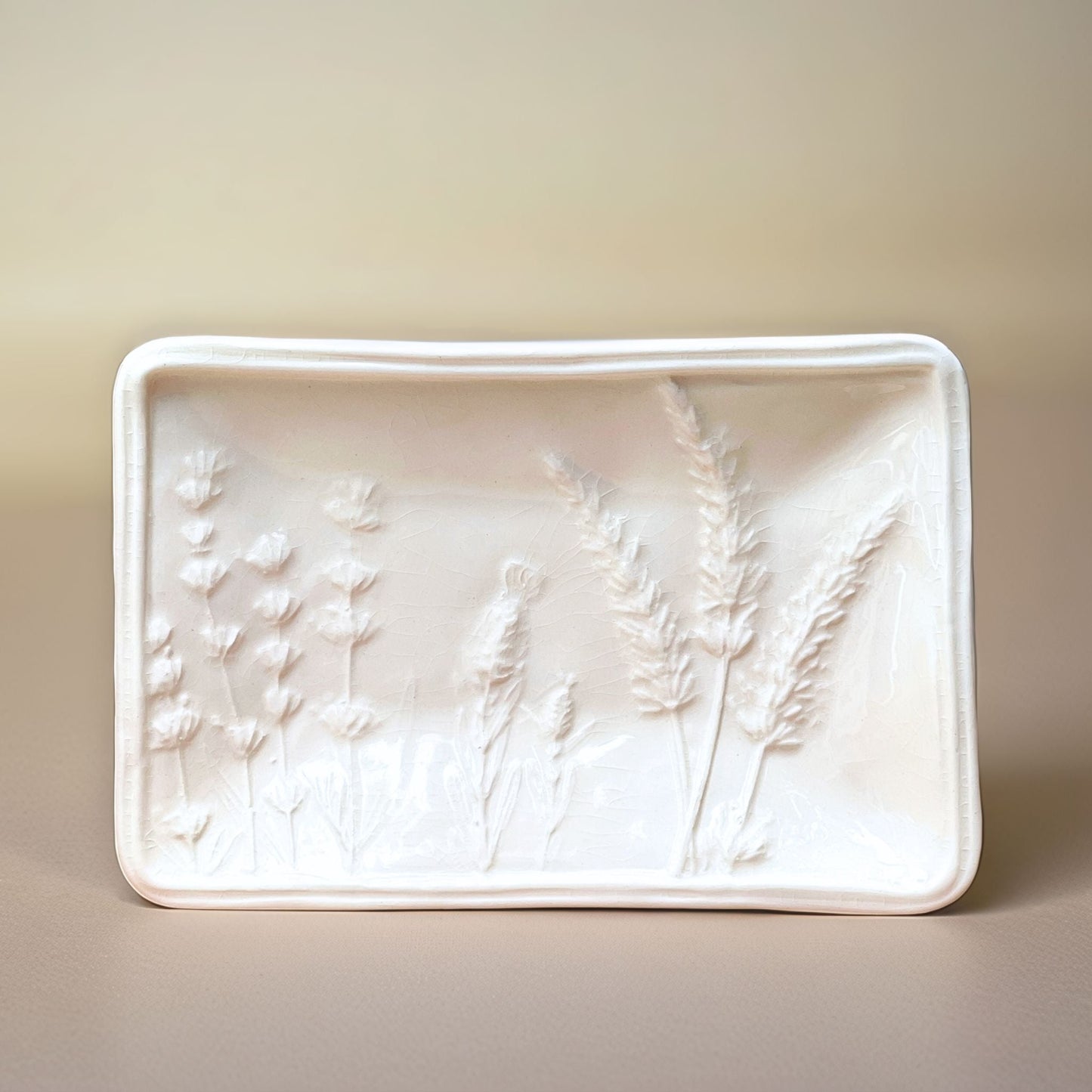 Lavender Rectangle Dish - White displayed as an elegant and minimalist white plate with subtle lavender accents