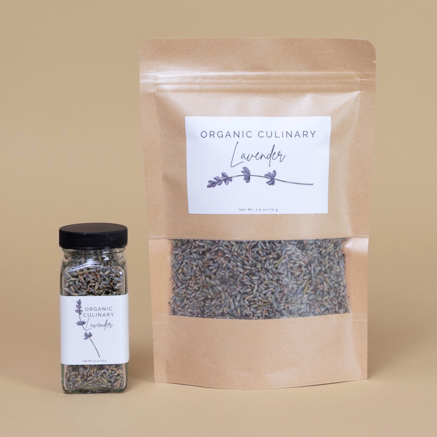 Kraft paper packaging and jar of organic culinary lavender on a beige background