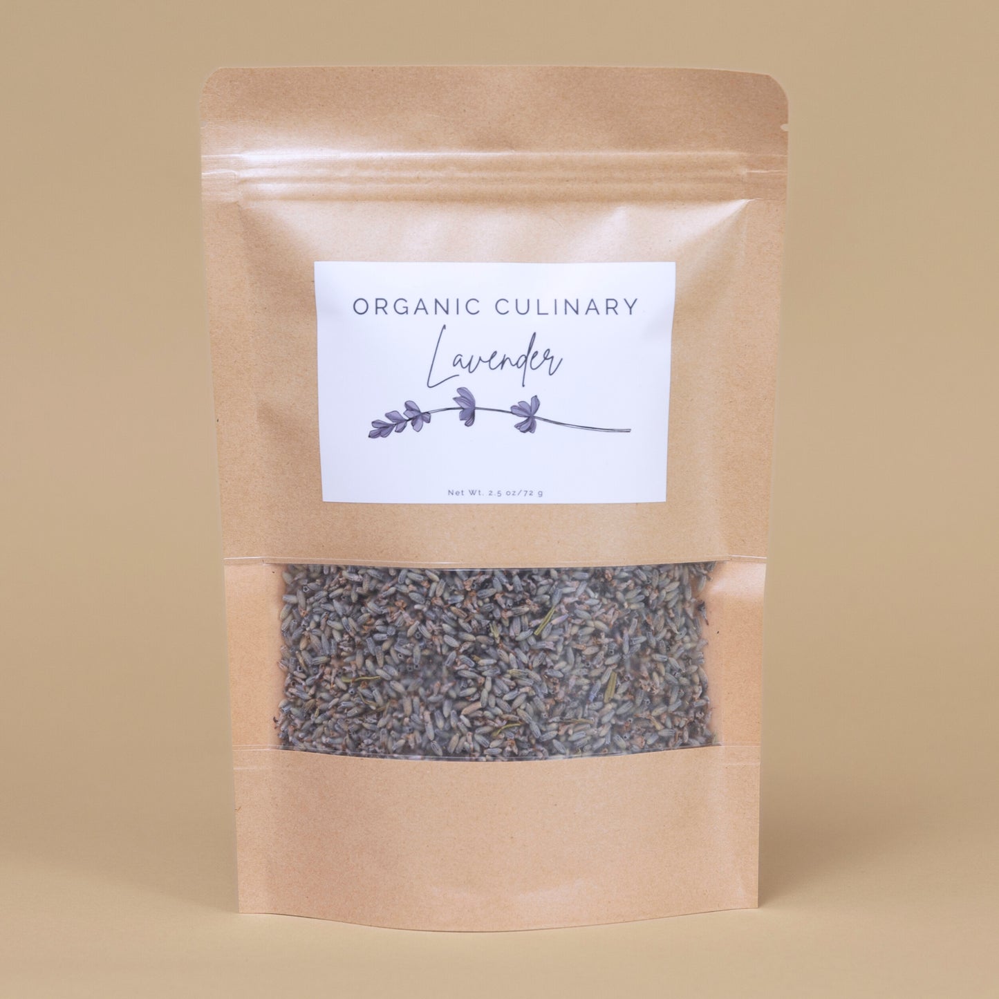 Kraft paper packaging of organic culinary lavender on a beige background