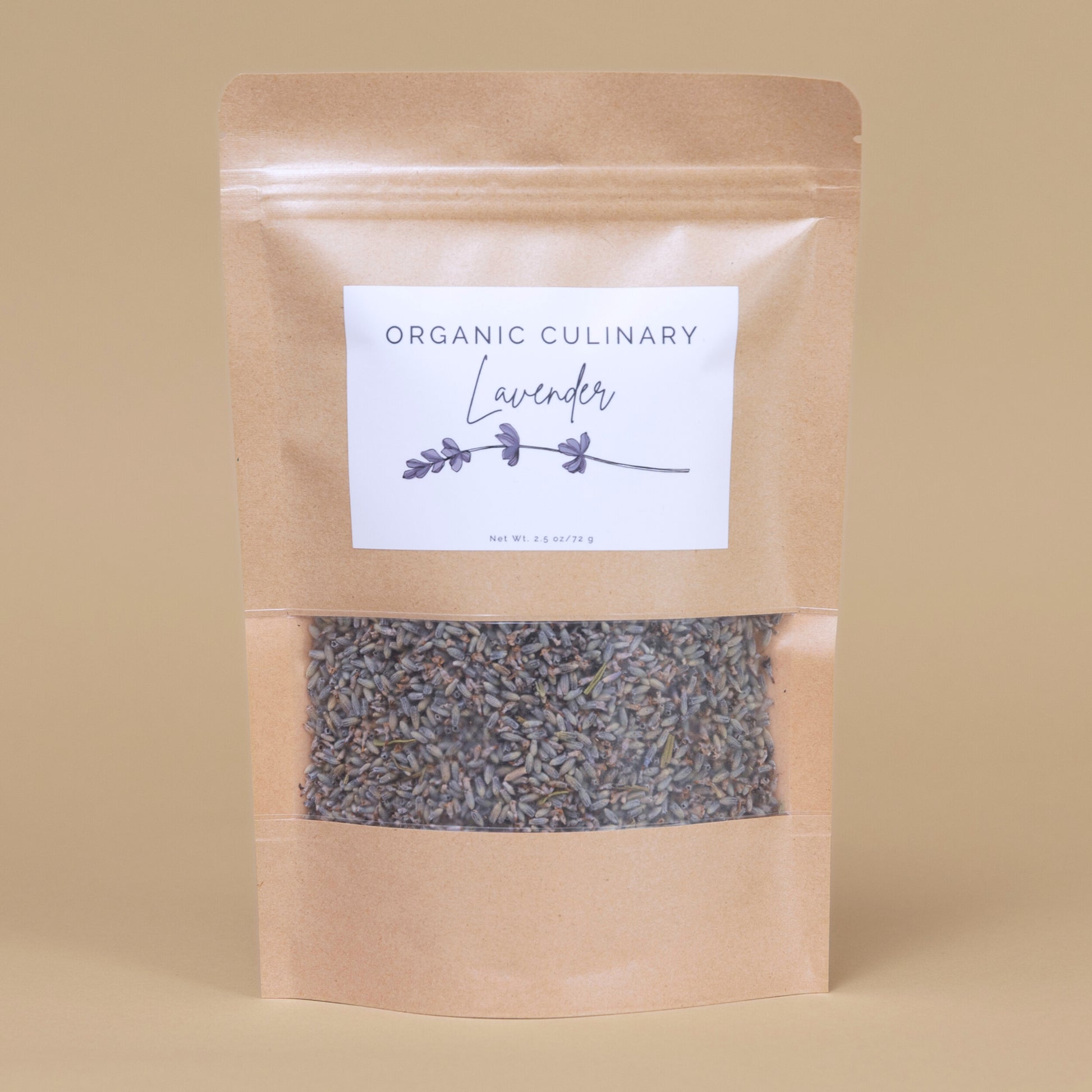 Kraft paper packaging of organic culinary lavender on a beige background