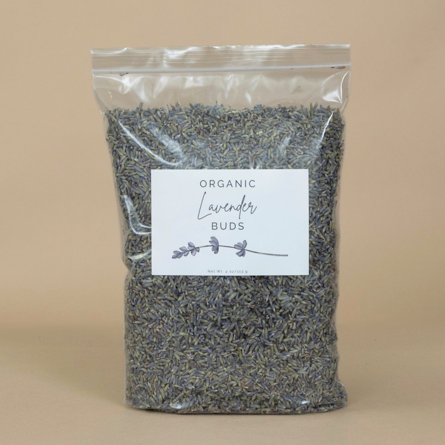 Organic Lavender Buds in a neatly packed quarter pound portion, ideal for culinary or aromatic use.