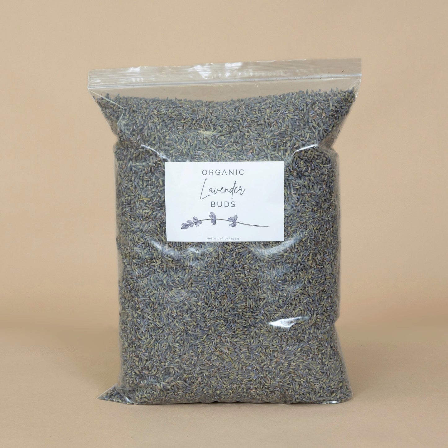 Organic Lavender Buds sold by the pound, presented in a clear package to highlight freshness and quality.