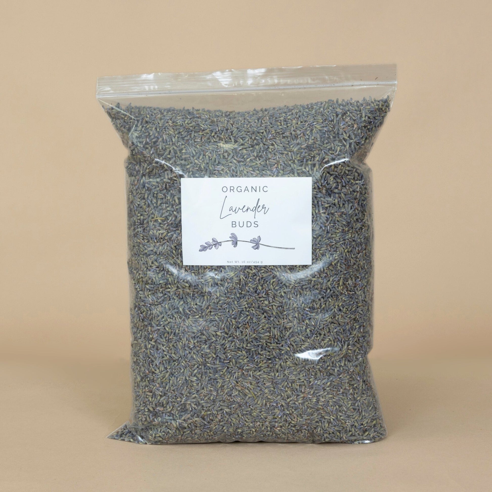 Organic Lavender Buds sold by the pound, presented in a clear package to highlight freshness and quality.