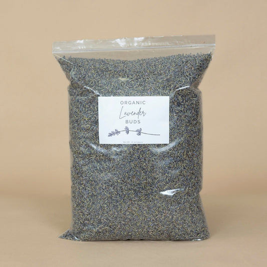 Organic Lavender Buds sold by the pound, presented in a clear package to highlight freshness and quality.